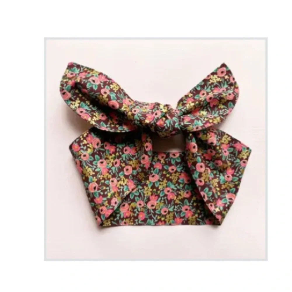 Earth Magic Grey Floral/Blue Floral Set/2 Wide Hair Tie Retro Headband Bow Wrap